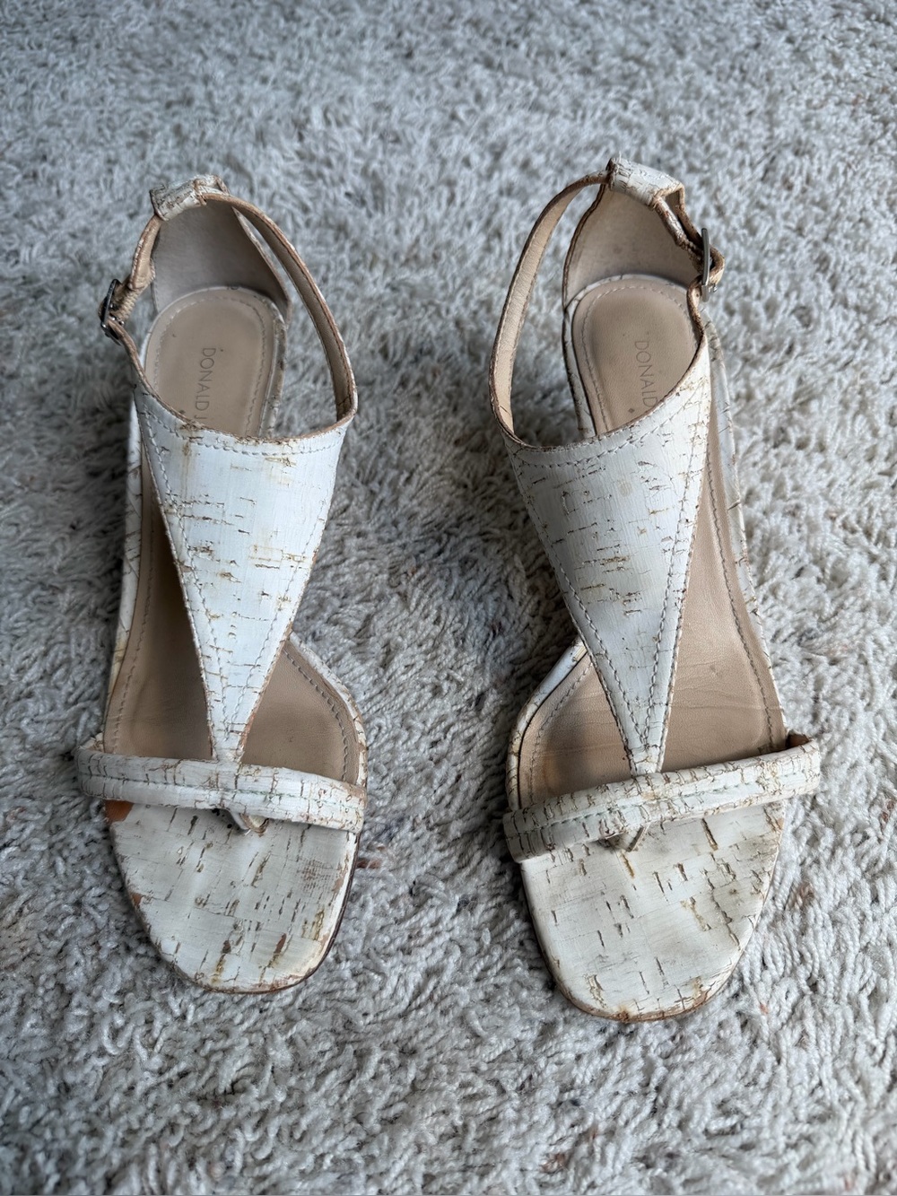 Donald J. Pliner White and Gold Cork-Textured T-Strap Heels